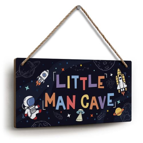 Little Man Cave Sign 6"x12"Space Theme Wooden Sign for Boys Kids Nursery Playroom Decor Outer Space Room Wall Decor