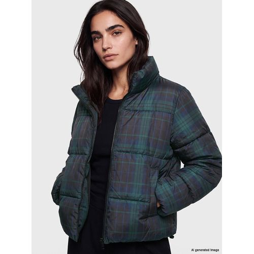 Mock Neck Plaid Women's Puffer Coat
