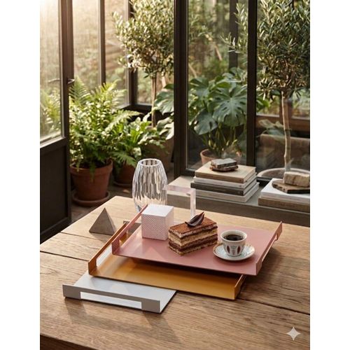 Modern Metal Serving Tray Set of 3 Pieces, Decorative Coffee and Tea Trays, Geometric Design with Matte Heat Resistant Finish, Luxury Home Decor, Table Organizer and Serving Tray Set