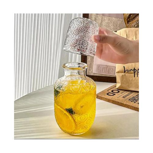 Bedside water pitcher with glass set - Water pitcher with cup - Gemstone pattern cup - Keeps you hydrated overnight - 2-piece water set: pitcher and clear cup