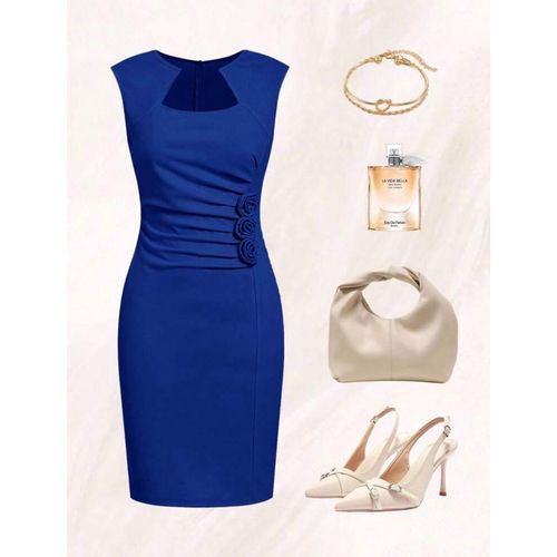 Women Elegant Solid Color 3D Floral Sleeveless Fitted Short Dress