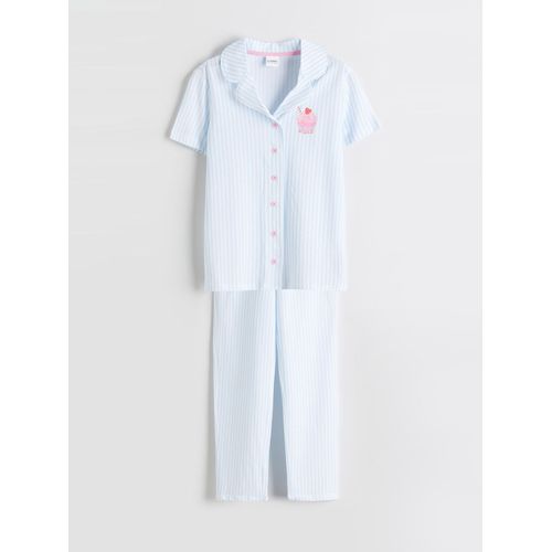 Collared Neck Striped Girl's Pyjamas Set