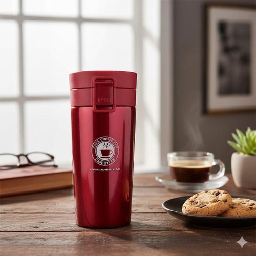 Insulated Travel Coffee Mug, Metallic, Stainless Steel, 380ml, Vacuum Sealed Thermal Cup with Push Lock Lid for Hot, Cold Drinks (Girls' design)