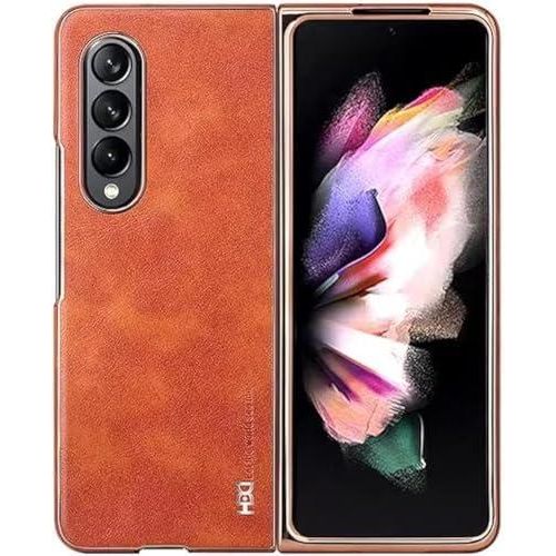 Luxury Leather Case with Gold Plated Edges for Samsung Galaxy Z Fold 4 7.6 inch Slim Shockproof Stylish Protective Cover Support Smooth Folding 180° Elegant Look (Brown)