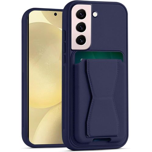 Leather Wallet Case Compatible with Samsung Galaxy S22 5G, Leather Back Cover With TPU Frame, Shockproof Protective Phone Case with Card Holder Stand (Blue)