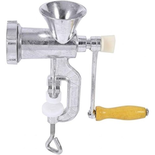 Heavy-duty aluminum manual meat grinder, size 10, with a mounting base and wooden handle, for grinding meat and vegetables and shaping biscuits.