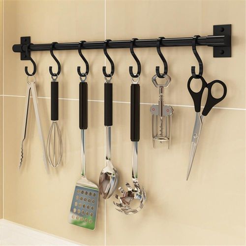 Wall-mounted kitchen utensil rack, metal tubular shelf with 5 hooks, hanging and storage rod for kitchen organization, 80cm, black