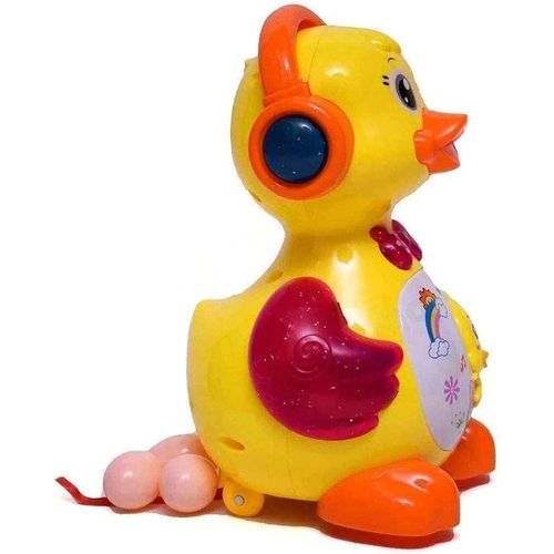 The mischievous puppet toy picks and goes around, and includes 3 eggs, music, and lights.