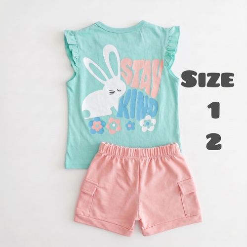Baby Girls 2-Piece Summer Set (Ruffle T-Shirt & Cargo Shorts) - Mint/Peach
