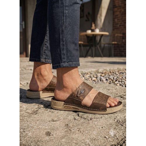 Slippers with Natural Leather and Comfortable Medical Sole - Brown