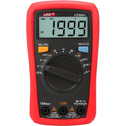 UT33A+ Palm Size Digital Multimeter with 2mF capacitance test, 2 meters drop test, precision protection, AC-DC V, AC-DC A, Resistance, Diode, Continuity, Auto Range etc.
