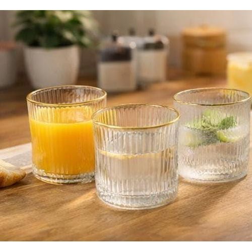 Ribbed Glass Cup Set of 6, Clear with Gold Rim, for Drinks, Juices, Fruits and Ice Cream, Hot and Cold Use, .za