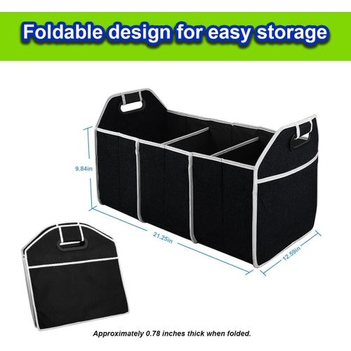 Car Trunk Organizer, Waterproof Foldable Portable Auto Storage Bag with 3 Compartments for Cleaning Supplies, Emergency Gear, Groceries, Tools, Black