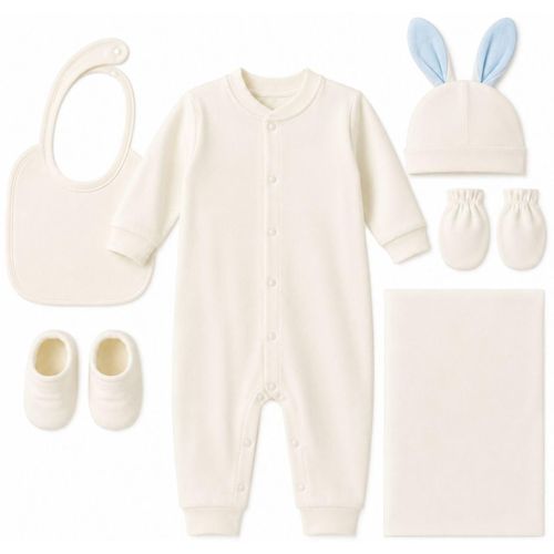 Cotton Baby Clothes Set – Newborn Box 6 Piece (Jumpsuit, Coverlet, Bib, Hat, Glove, Clok) – Suitable for Boys