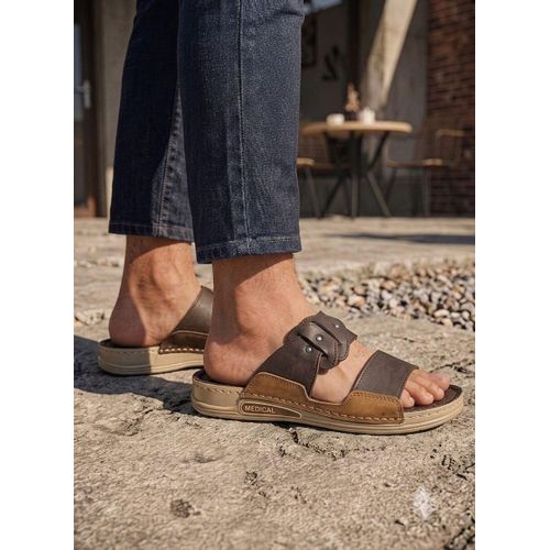 Slippers with Natural Leather and Comfortable Medical Sole - Brown