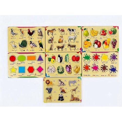 Double-sided educational wooden puzzle (puzzle + board) – an educational set for children to learn about animals, birds, fruits, vegetables, geometric shapes, and colors.