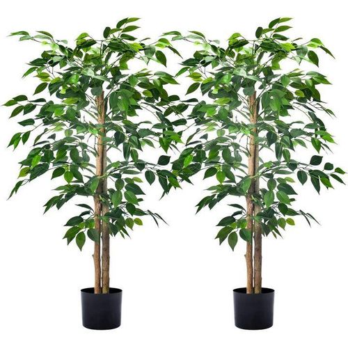 Haiyoung Artificial Silk Ficus Trees With Realistic Leaves And Natural Stem With Plastic Pot, Suitable For Office, Home, Farm, Indoor And Outdoor Decoration, Set Of 2, 1.2m Length