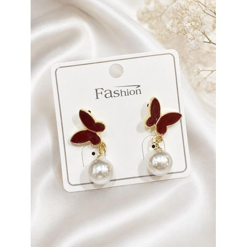 Women’s Burgundy Butterfly Drop Earrings with Pearl