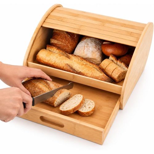Natural Bamboo Bread Box Roll Top Lid Kitchen Counter Storage Container Wooden Bin Food Keeper Bread Bagels Pastries Freshness Bakery,NO ASSEMBLY REQUIRED, Double-layered linkage drawers