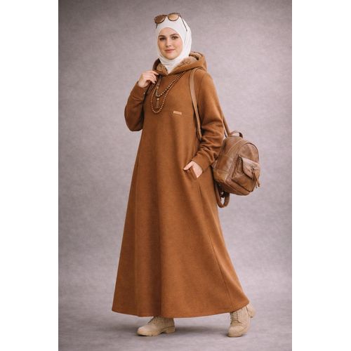 فستان ماكسي هودي مريح بلون بني فاتح - مقاسات خاصة (يناسب 85-110 كجم)