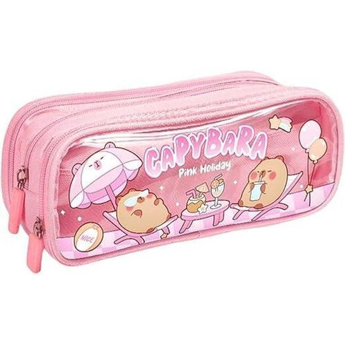 Transparent Pencil Case Bag – Large Capacity Fabric Bag with Cute Cartoon Print – Three Compartments for Multi-Functional Stationery Organization – Durable Zipper Design