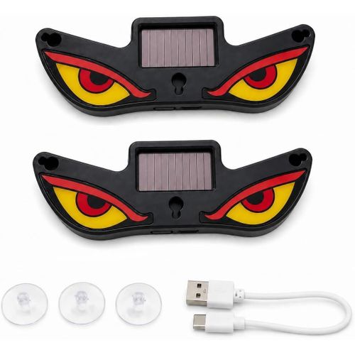 Solar-powered warning light with moving eyes, suitable for cars. Smart ambient car light with USB port, for decoration (1 piece) may vary
