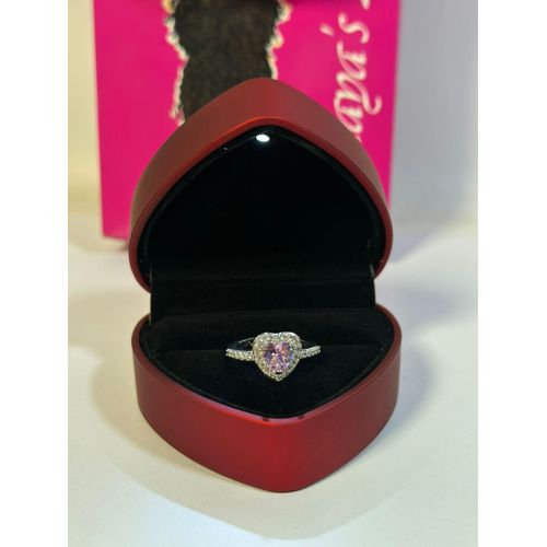 Love Pink Heart Ring with Small Zircon Pure Stainless Steel Silver Plated with LED red heart box