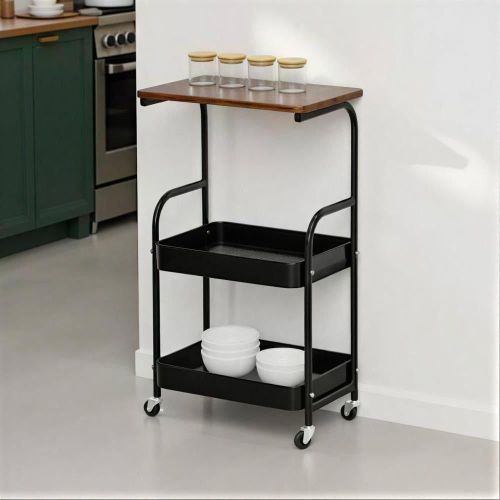 Two-Tier Wheeled Storage Trolley with Wooden Top and Black Metal Shelves