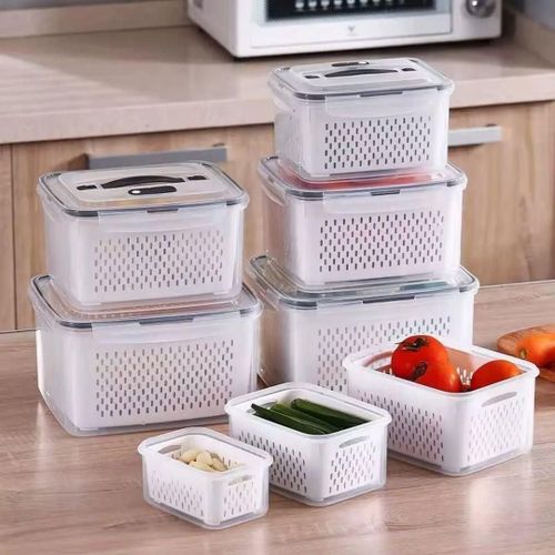 11 Pcs Clear Food Storage Containers with Lid and Drain Basket, Multi-Size, One Click Vent, for Refrigerator and Kitchen