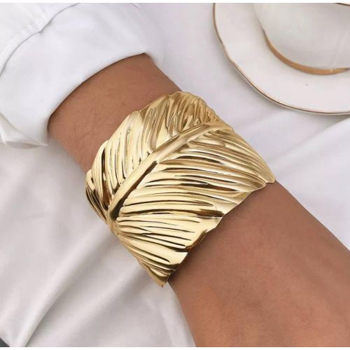 Stainless Steel Gold Feather Cuff Bangle – Waterproof Tarnish-Free Statement Bracelet for Women