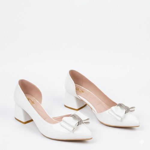 Shoes Mid Heels Leather Glossy With Bow GZ-904 - White