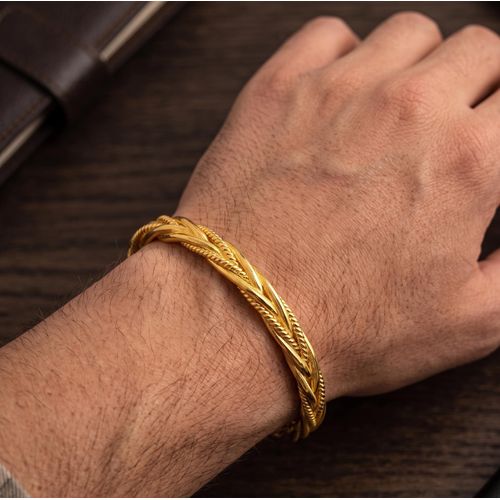 Men's Gold-Plated Stainless Steel Bangle with Laser-Cut Engravings