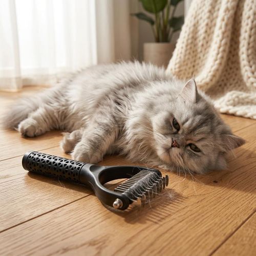 Grooming Dematting Comb for Dogs Cats Undercoat Rake Deshedding Tool Stainless Steel Curved Blades Hair Remover Brush Anti-Slip Textured Handle for Long Coated Pets