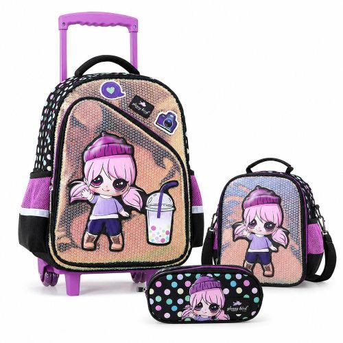 Glossy Bird - Cartoon Girl Trolley School Backpack Set with Lunch Bag and Pencil Case 17 Inch - GB3907T