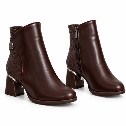 Ankle Boot Mid Heel Leather Distinctive design R-29 -Brown