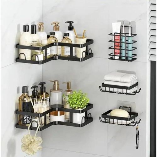 Corner Shower Shelves with 12 Hooks, Set of 5, Rustproof Stainless Steel Organizer with Upgraded Strong Adhesive, No-Drilling Wall Mounted Caddy for Bathroom and Kitchen Storage - Black