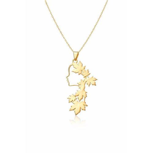 Ladies Gold-Tone Chain Necklace with Woman Face and Leaves Pendant Design