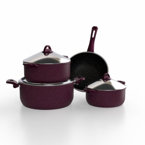 Kaya Italian Burgundy Granite Cookware Set, 7 Pieces – 3 mm – Pots 18/20/24 + Wok