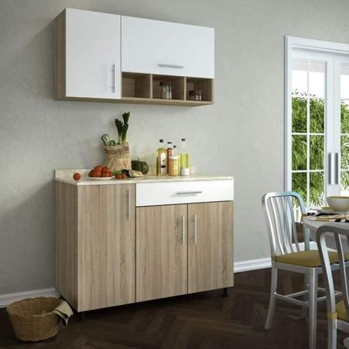 Two-piece wooden and white kitchen unit