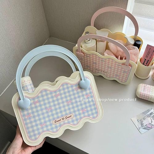 Portable Storage Box Handbag Storage Box Pink Cream Plastic Checkered with Bowknot Top Handle Heart