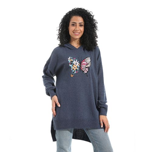 Printed Long Sleeves Pullover Hoodie - Teal Blue