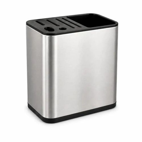 Stainless Steel Knife Holder & Kitchen Utensil Organizer, Multi-Functional Knife Block with Scissors & Cutlery Storage, Drainage Hole, Removable Insert, 19.6 × 11.8 × 20.1 cm, Silver & Black