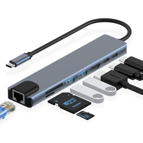USB-C Docking Station, 8-in-1 USB-C Hub with 4K 60Hz HDMI Port, RJ45 Ethernet Port, 100W Fast Charging, SD/TF Card Reader, and 2 USB Ports, USB Type-C Hub for MacBook Pro, Air, M1, Dell XPS, and Nintendo Switch