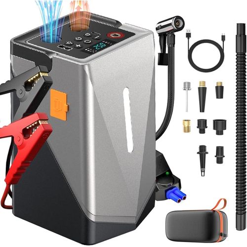 Car battery charger, powerful tire inflator, portable power bank air pump to charge your devices, air compressor, 6 in
