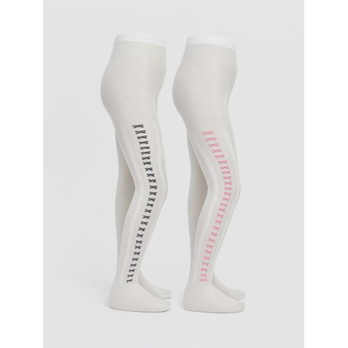 Bow Detailed Girl's Thin Patterned Tights 2 Pack