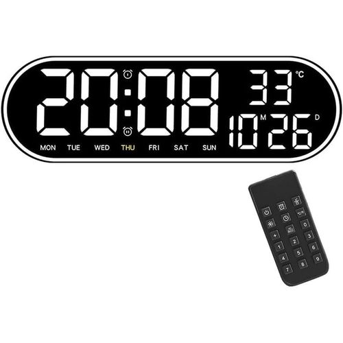 Large LED Digital Clock with Remote Control, Desk Wall Clock, Dual Alarm, Time, Date, Temperature, Adjustable Brightness with Smart Light Sensor, LED Display for Bedroom Office (White)