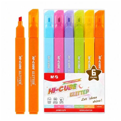 Chenguang HI-CUBE Glitter Highlighter Set – 6 Vibrant Glitter Colors Soft Chisel Tip - No:AHMU1679