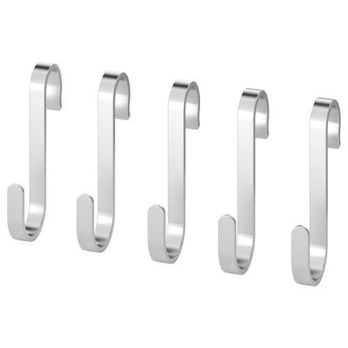 S-hook Five silver s-shaped metal hooks, arranged in a row. Simple and modern design, suitable for kitchen storage.