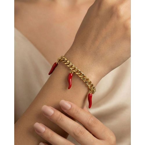 Golden Curb Chain Bracelet with Red Chili Pepper Charms - Italian Style Fashion Jewelry.