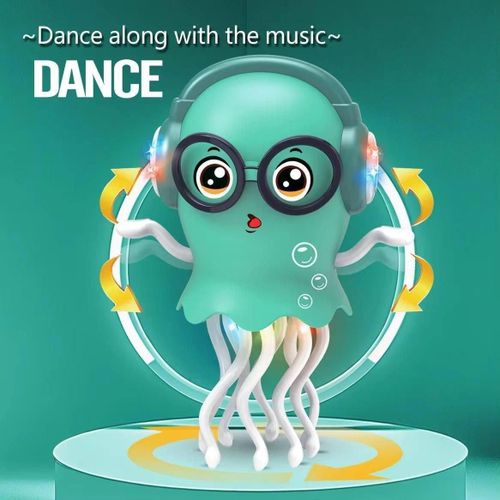 This dancing jellyfish toy features music and lights it is a fun and delightful toy for children. It is green and operates on batteries.